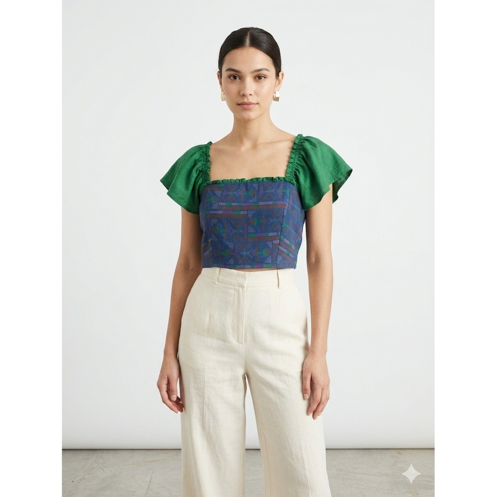 Rachel Zoe Crop‎ Top Medium Green Blue Linen Blend Flutter Sleeve Smocked Boho